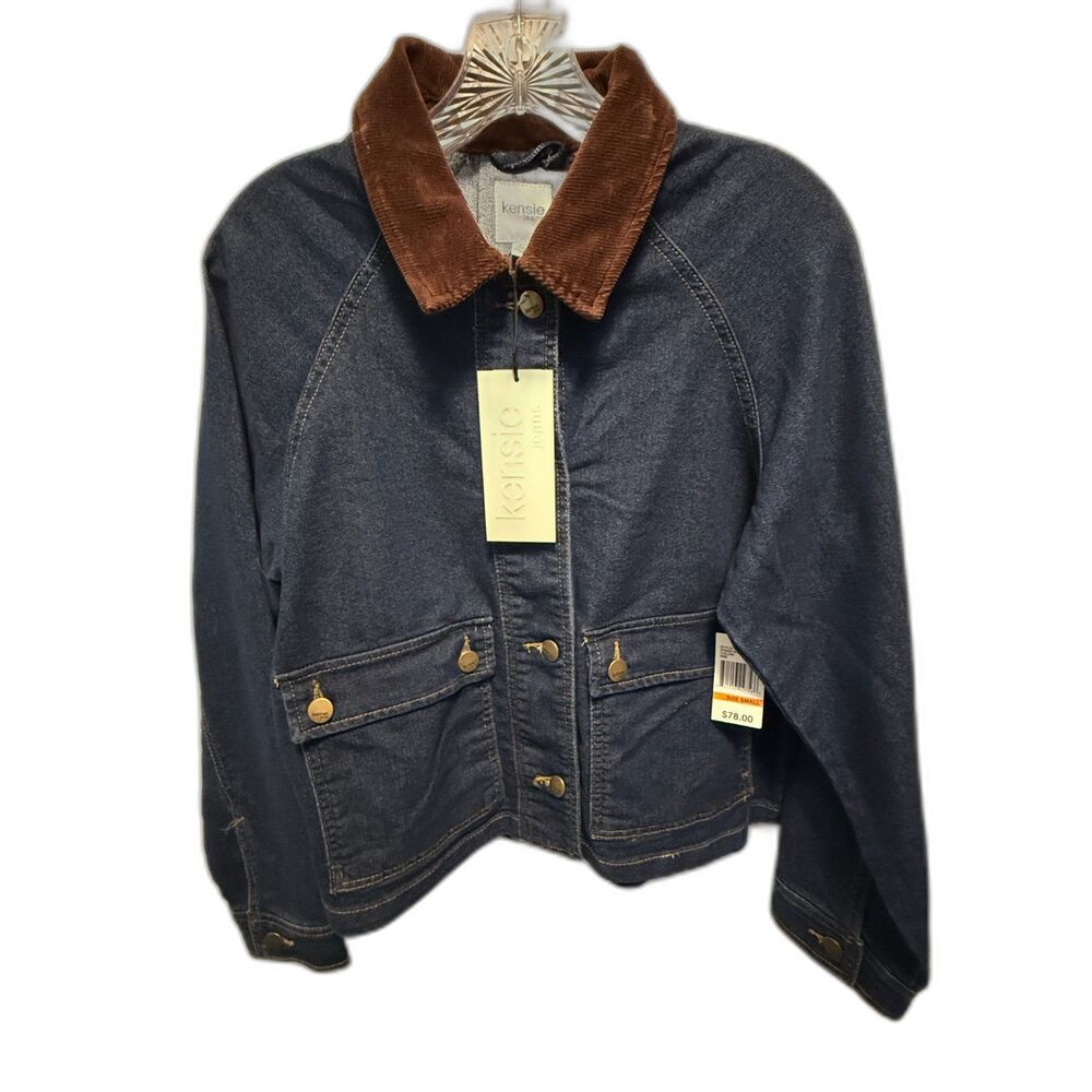 Kensie Jeans Denim Barn Jacket Small Blue Brown Corduroy Collar